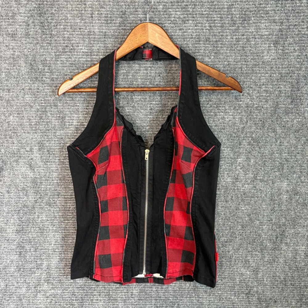 Vintage Tripp NYC Red Black Buffalo Plaid Halter Corset Top Zip Front Lace Up